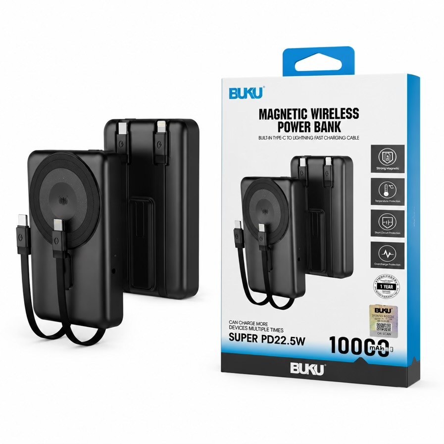 پاوربانک بی سیم 10000 میلی آمپر بوکو 22.5 وات مدل Buku MG-G171 دارای 2 کابل USB-C و لایتنینگ متصل با گارانتی 12 ماهه شرکتی