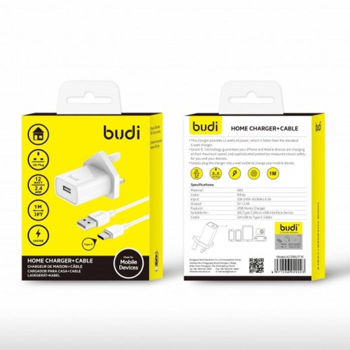 شارژر دیواری 12W بودی سه پین با یک خروجی USB به همراه کابل Type-C مدل AC356UTW با گارانتی 18 ماهه (6 ماه تعویض)