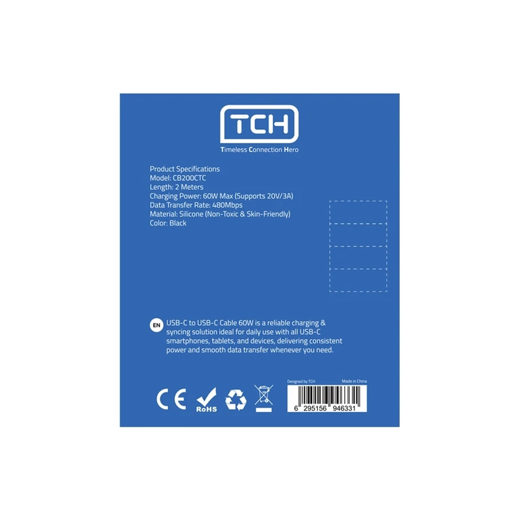 کابل شارژ USB-C به USB-C تی سی اچ مدل TCH CB200CTC توان 60 وات جریان 3 آمپر طول 2 متر با گارانتی 18 ماهه شرکتی