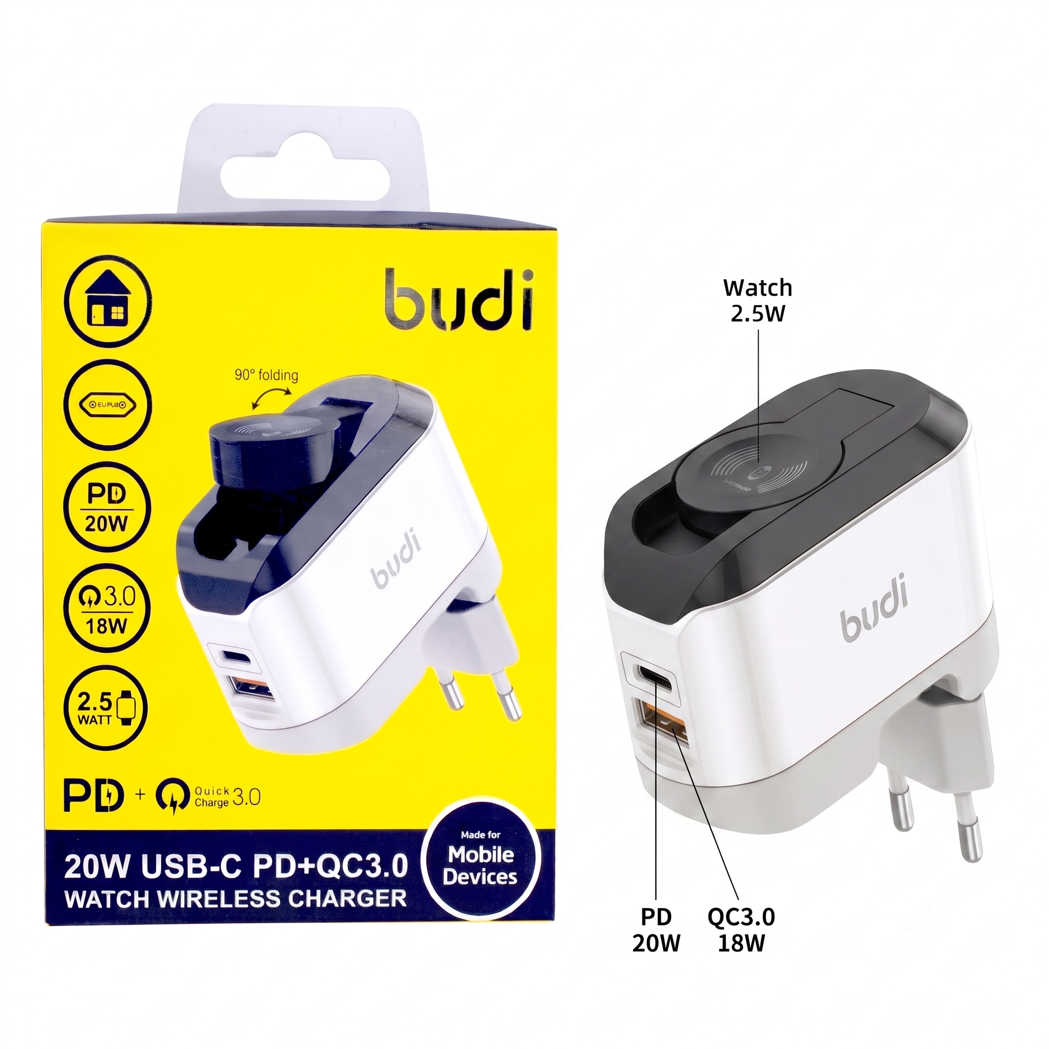 شارژر دیواری 20W بودی دو پین با یک خروجی USB، یک خروجی USB-C و یک خروجی شارژ بی سیم ساعت مدل AC330WEW با گارانتی 18 ماهه (6 ماه تعویض)