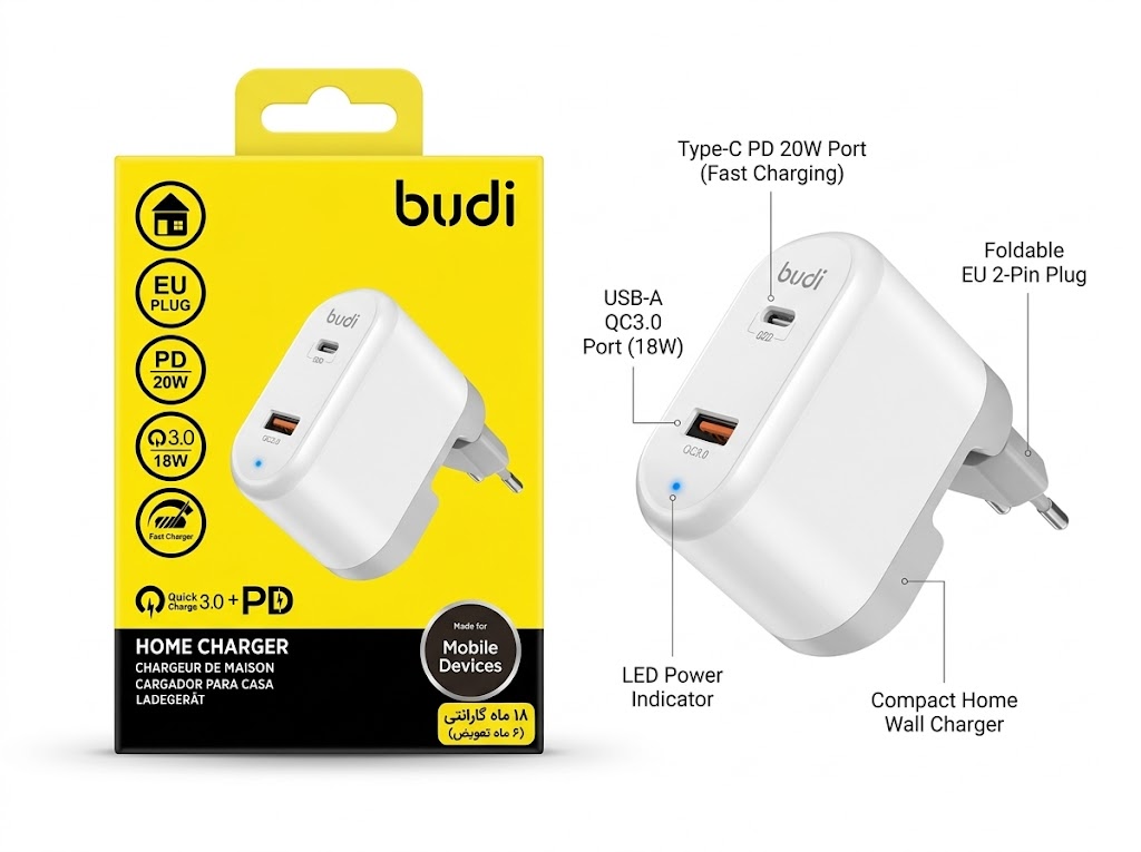 شارژر دیواری ۳۶W بودی PD و فست با یک خروجی USB و یک خروجی USB-C و سری قابل چرخش مدل AC328EW با گارانتی 18 ماهه (6 ماه تعویض)